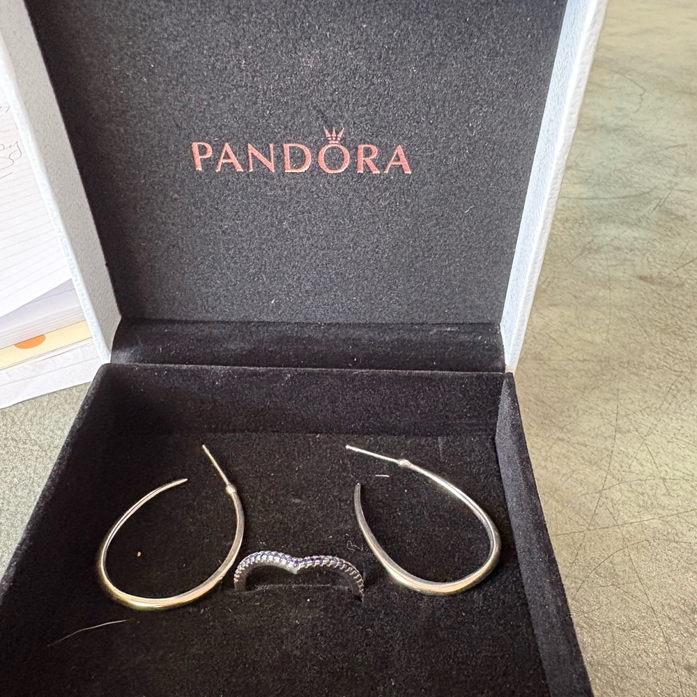 NWOT, Pandora earring and ring set in silver